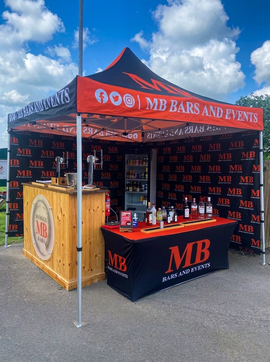 Branded MB Bars & Events mobile cart bar set up outdoors