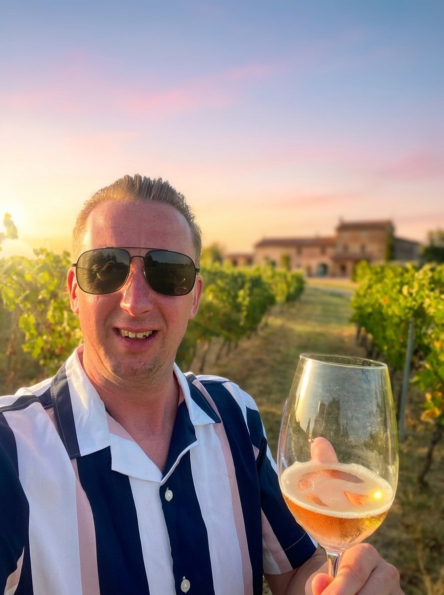 Matt Buckley, founder of MB Bars & Events, with a glass of chilled ros&eacute; in a vineyard at sunset